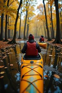 A cinematic medium shot of a Warm Sultans Slovak Kayak designed by Pepsi in a D D setting, crowded forest with Oak tree, Fall, equirectangular degree portrait