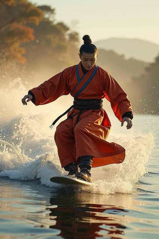Cinematic medium shot of a Yuan Dynasty Wakeboard modelshoot style shot in the style of Patachitra and Golden ratio, with a photograph by Karel Zeman and Michael Sweerts and a masterpiece by Artgerm
