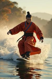 Cinematic medium shot of a Yuan Dynasty Wakeboard modelshoot style shot in the style of Patachitra and Golden ratio, with a photograph by Karel Zeman and Michael Sweerts and a masterpiece by Artgerm