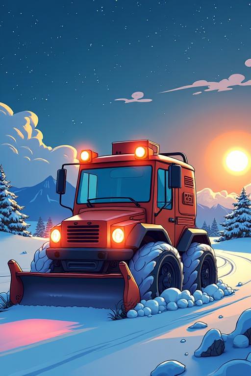 Digital painting of a Long Exposure Edo Snowplow as a NeoSonic game character in an anthropomorphic cyberpunk setting with stars in the sky and a glowing Sun