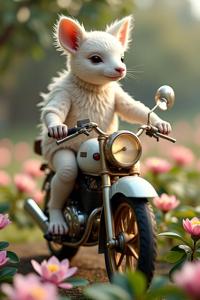 An image of a reimagined anthropomorphic Salvadoran Motorcycle with Iridescent details in the style of Edgar Degas and Wool from The Grey Havens, summer foliage with Camellia, pastel tones, and a soft natural lighting backdrop
