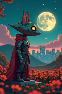 An Ithaca inspired film still of a sci fi epic, featuring an anthropomorphic Scenic Iridescent Classical Battlestar Galactica with a face in side profile and dressed like an anthropomorphic D D character, captured in autumn background with lush flower field and a city skyline at night time with in focus digital shadows, inspired by the cartoon Simpsons and featuring a photorealistic aesthetic