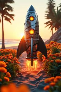Digital art of a Flossier good looking zebra print rocketship with a holographic design and glowing eyes, in an organic garden filled with fresh flowers and tall trees, on a beach at the summer sun It is covered in Frost, made by Goblins