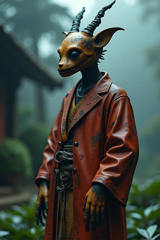 A surreal cinematic medium shot of a Chill Ghastly traditional Chinoiserie, it is covered in rust, it is anthropomorphic and reimagined as a Tales of series game character, detailed Provia background