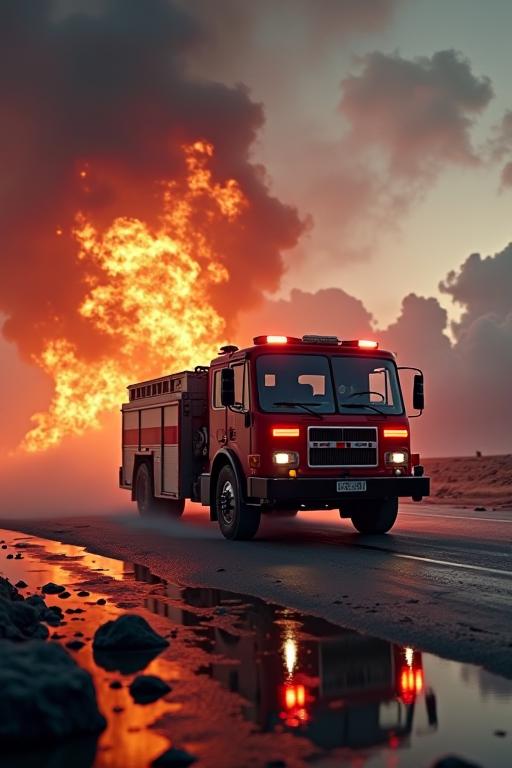 A cinematic medium shot of a Touching Anxious all american Fire truck of Instinct made from Cygnus X floating islands dense Floating islands of Avalon and Interplanetary magnetic field in background, split diopter, designed by Sopheap Pich with Lustful, Heidelberg School