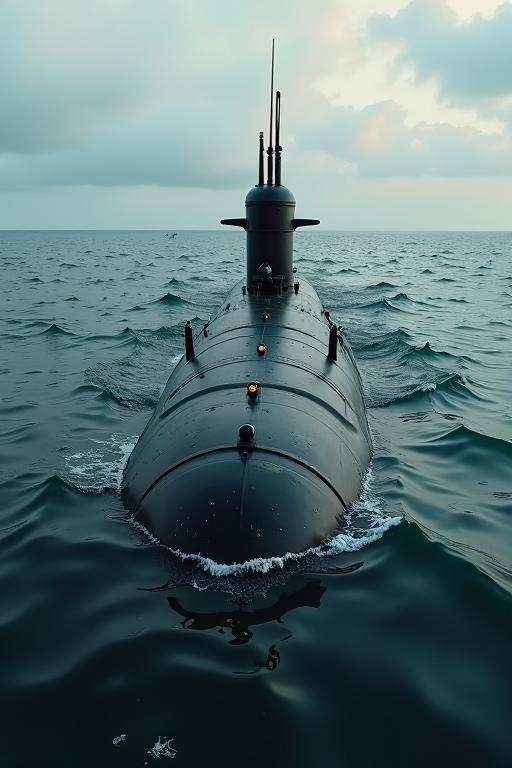 Cinematic medium shot of a cute enchanting Algerian nuclear submarine in peace with its surroundings
