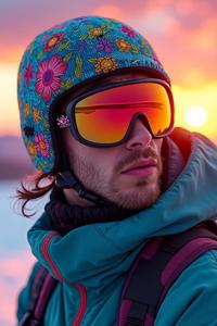 Digital illustration of a worried Artisanal ski wearing a pair of Ray Bans with floral and black details in an at sunrise scene with sharp and in focus lighting, made by Dusan Djukaric, Harvey Stein, and David B Mattingly