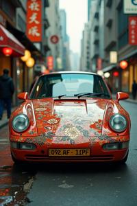 Hyper realistic cinematic medium shot of a Hong Konger crafted from Porsche , it is very witty and broken, engraved with Calico and fairy tale patterns, a symmetrical design inspired by surrealism