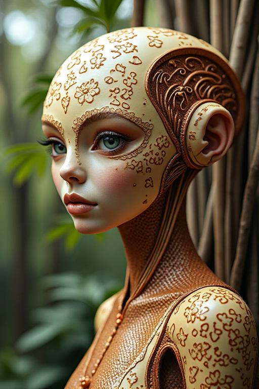 A highly detailed and intricate artwork featuring a humanoid character with a refined appearance, carved from copper and cream details, etched with a split diopter lens, set against a backdrop of lush foliage and a Baobab tree The composition is framed by the image s iconic style