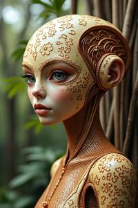 A highly detailed and intricate artwork featuring a humanoid character with a refined appearance, carved from copper and cream details, etched with a split diopter lens, set against a backdrop of lush foliage and a Baobab tree The composition is framed by the image s iconic style