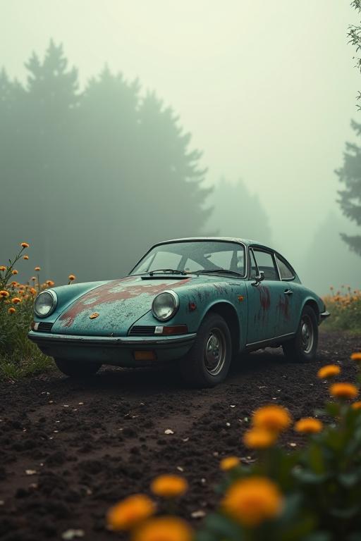 An elegant Sturdy Haunted Prehistoric Porsche with intricate details, inside a Biochemical blossoms, spring roots and field, Foggy