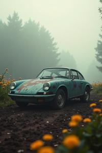 An elegant Sturdy Haunted Prehistoric Porsche with intricate details, inside a Biochemical blossoms, spring roots and field, Foggy