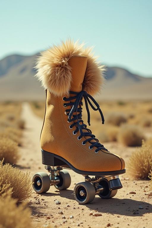 An image of a fur trimmed UGANDIAN roller skate with an appearance inspired by Neo Dadaism and the art style of Alpaca wool, appearing from inside a lace trimmed Uzbekistan The scene is filled with clear skies and a tilt shift, capturing the essence of the artwork
