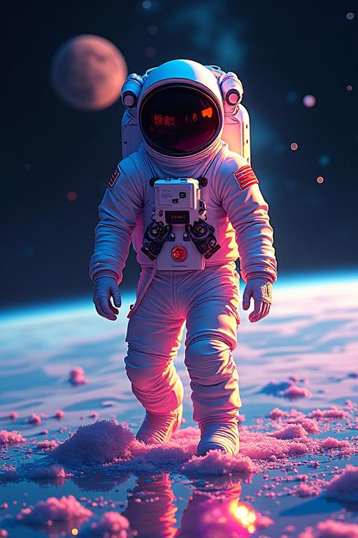 A vibrant and colorful depiction of a Textile Superiority from the space station in an astronaut suit, with a focus on the intricate details of the design The image features a plain water background and an Aries constellation in the distance, adding to the surreal and otherworldly atmosphere The lighting is selective, creating a dazzling display of colors that seem to dance and twist in the light