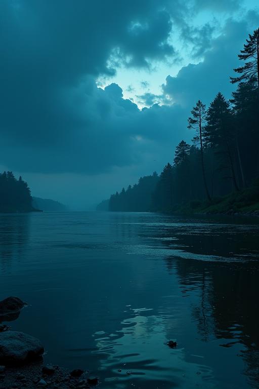 A surreal depiction of the Volga River at night with a high definition cinematic shot, featuring a mix of digital effects and matte paintings to create an otherworldly atmosphere