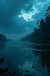A surreal depiction of the Volga River at night with a high definition cinematic shot, featuring a mix of digital effects and matte paintings to create an otherworldly atmosphere