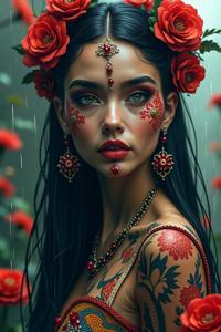 Digital art depicting a darkpunk contemporary portrait of a Darkpunk Contemporary traditional Mexican Sports car with intricate details and regal eyes, surrounded by flowers and the background is overcast and rainy, creating a surreal and whimsical atmosphere