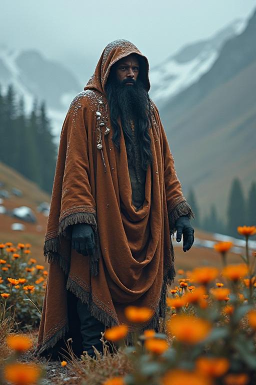 Epic cinematic medium shot of a mystical Abrasive Ecuadorian with draped details and soft focus, set in a fantasy landscape with snowing and deep orange flowers