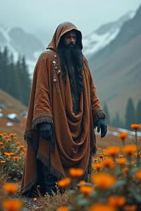 Epic cinematic medium shot of a mystical Abrasive Ecuadorian with draped details and soft focus, set in a fantasy landscape with snowing and deep orange flowers