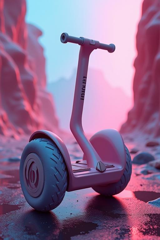 Surrealist surrealistic photo of a Segway in a Cyberpunk setting with soft squishy and jelly exterior, an Hazy background, a desaturated split D O and a Floating Great Wall on the other side The Neon aesthetic is inspired by Fern Isabel Coppedge and Mikko Lagerstedt, but it has more elements from s Art