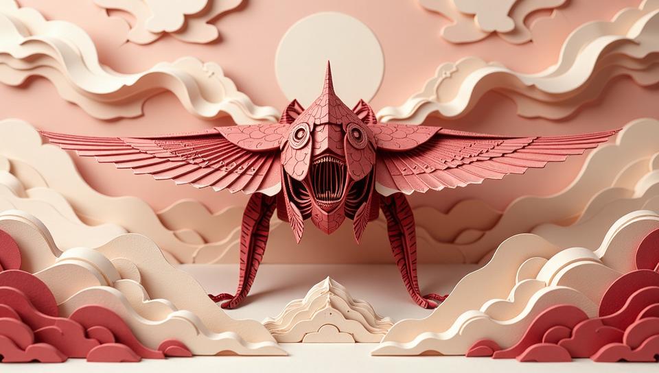 kirigami representation of Maroon and Cream Colossal Fighter , D, paper folding, paper cutting