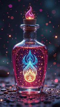 a bottle on a blank background, video game art, stylized, a potion in the shape of Elemental HERO Chaos Neos