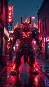 neon noir pleasant Ragnaros the Firelord , cyberpunk, dark, rainy streets