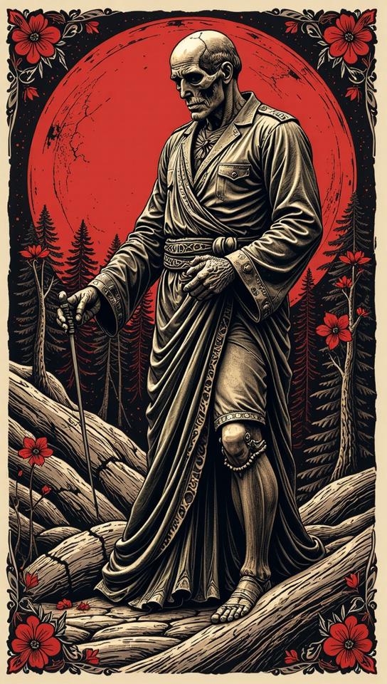 woodcut style Mortify , carved, bold lines, high contrast