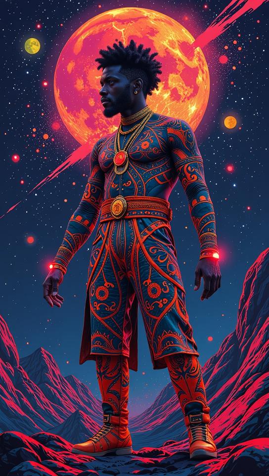 Afrofuturism illustration Expendable Dai , vibrant colors, futuristic elements, cultural symbolism