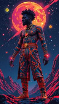 Afrofuturism illustration Expendable Dai , vibrant colors, futuristic elements, cultural symbolism