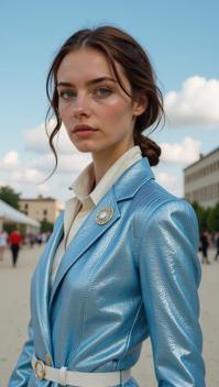 Fashion photography of a supermodel, she is wearing a Azure Blue, Silver and Cream fashion outfit, It is pleasant