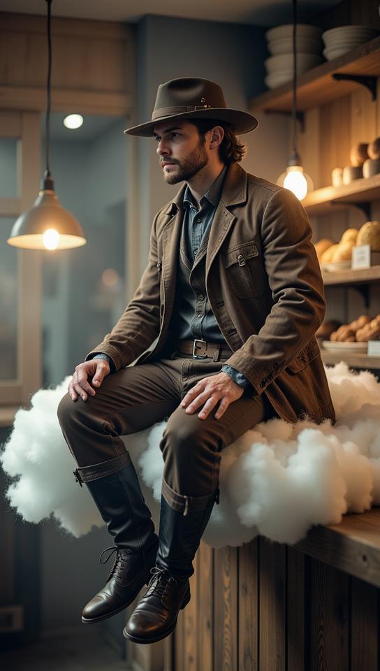 Fashion photography of a S supermodel Fisherman, he is wearing Dark ages fashion outfit, perched on a cloud, inside of a bakery