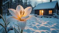 Nigerian Lily, covered in Ice, background is Guesthouse, nature art