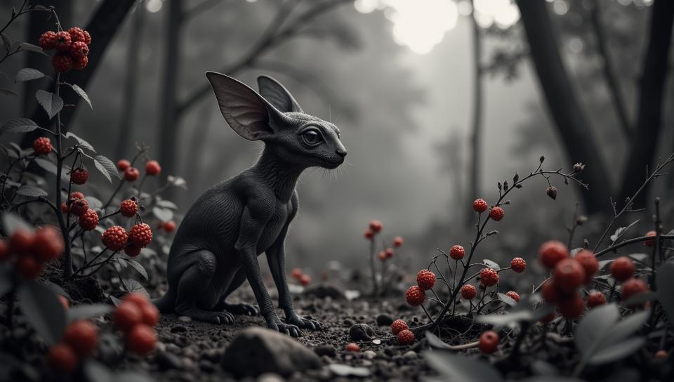 high contrast art by Laurent Baheux and Brian Mashburn , Wild berry bush, shallow depth of field, Ethereal Lighting