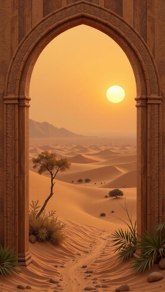 Walnut , it is detailed with Bamboo and Captivating details, The Sahara Desert in background, Sun in the sky