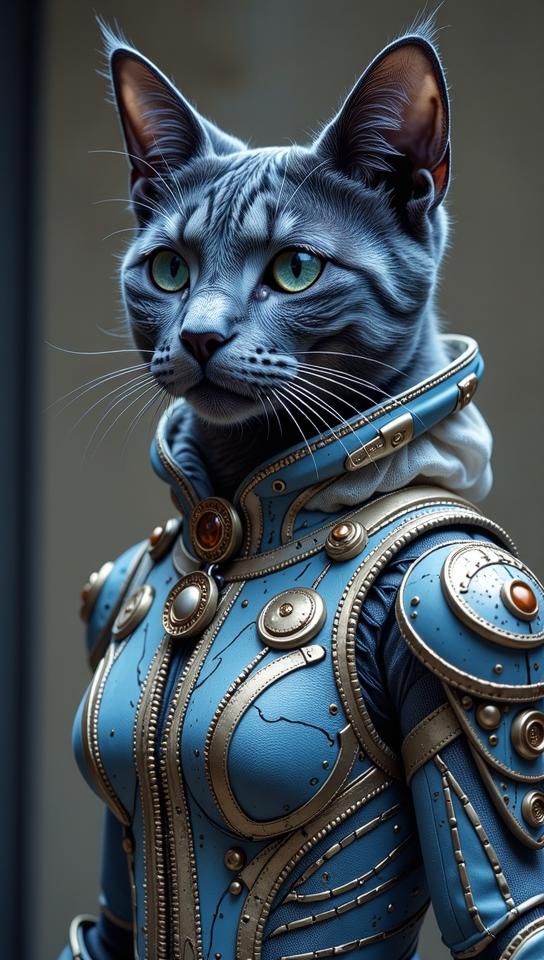 sci fi, digital art, robotic Russian Blue Cat, wearing Brussels Lace and Chiffon cybernetics