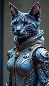 sci fi, digital art, robotic Russian Blue Cat, wearing Brussels Lace and Chiffon cybernetics