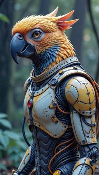 sci fi, digital art, robotic Parrot Ragdoll Cat , the Parrot is wearing a cybernetics