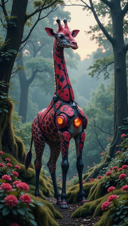 sci fi, stylized by Paolo Soleri, digital art, robotic Giraffe of Fantasy
