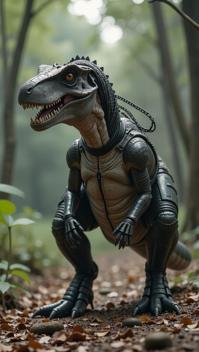 sci fi, by John Berkey and Eddie Del Rio , digital art, robotic Allosaurus
