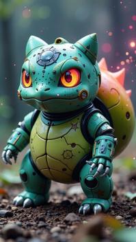 sci fi, digital art, medium shot of a robotic Bulbasaur, surreal