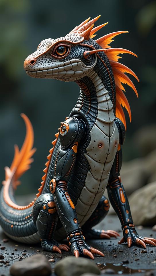 sci fi, digital art, side profile of a robotic Salamander, it is wearing a Dragoncore fashion style cybernetics
