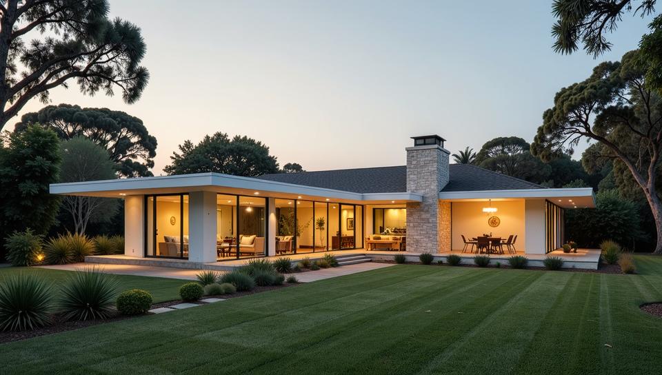 building, art by Ezra Stoller, architecture of a Modern Ranch house, Wide view