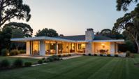 building, art by Ezra Stoller, architecture of a Modern Ranch house, Wide view