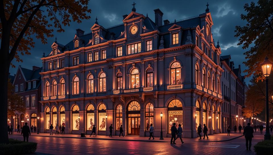 building, architecture of a Department store, side lit, dramatic