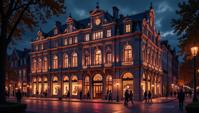 building, architecture of a Department store, side lit, dramatic