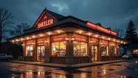 building, architecture of a Classical Convenience store, exploring themes of materiality, designed by Charles Sheeler