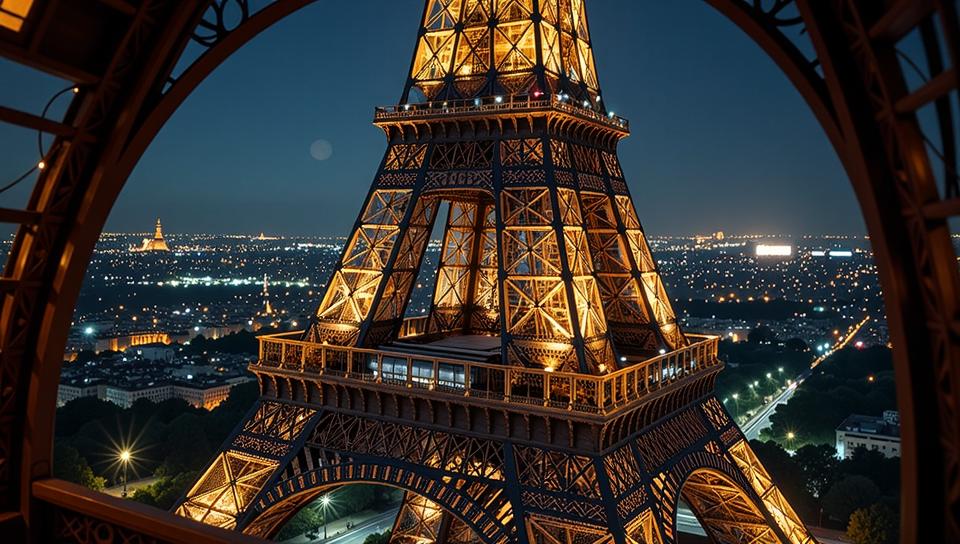 architecture of a Vile Rocketship, intricate details, from inside The Eiffel Tower, at Nighttime