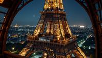 architecture of a Vile Rocketship, intricate details, from inside The Eiffel Tower, at Nighttime
