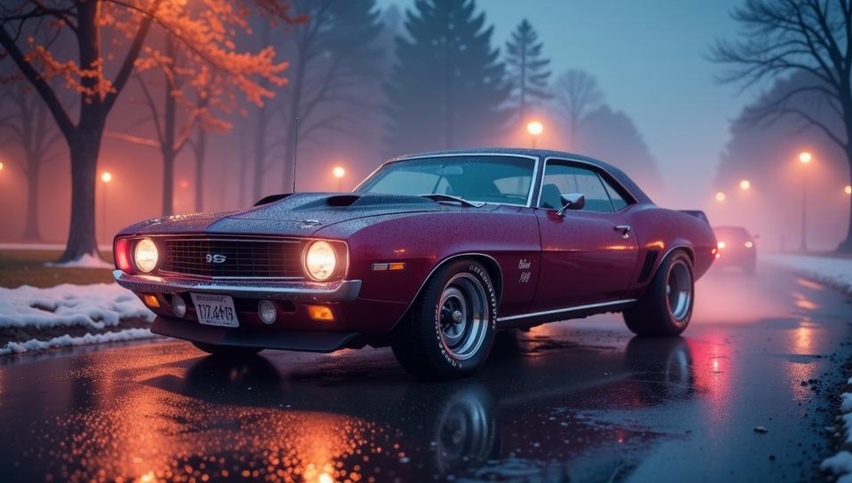 architecture of a Muscle car Chevrolet , very cute, Foggy conditions, Beautifully Lit